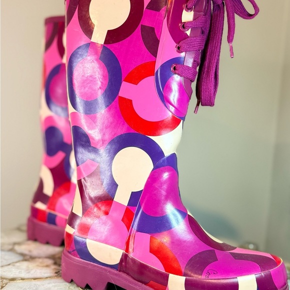 COACH Retro Logo Periwinkle Lace Up Rain Boots SIZE 6 - Picture 2 of 6